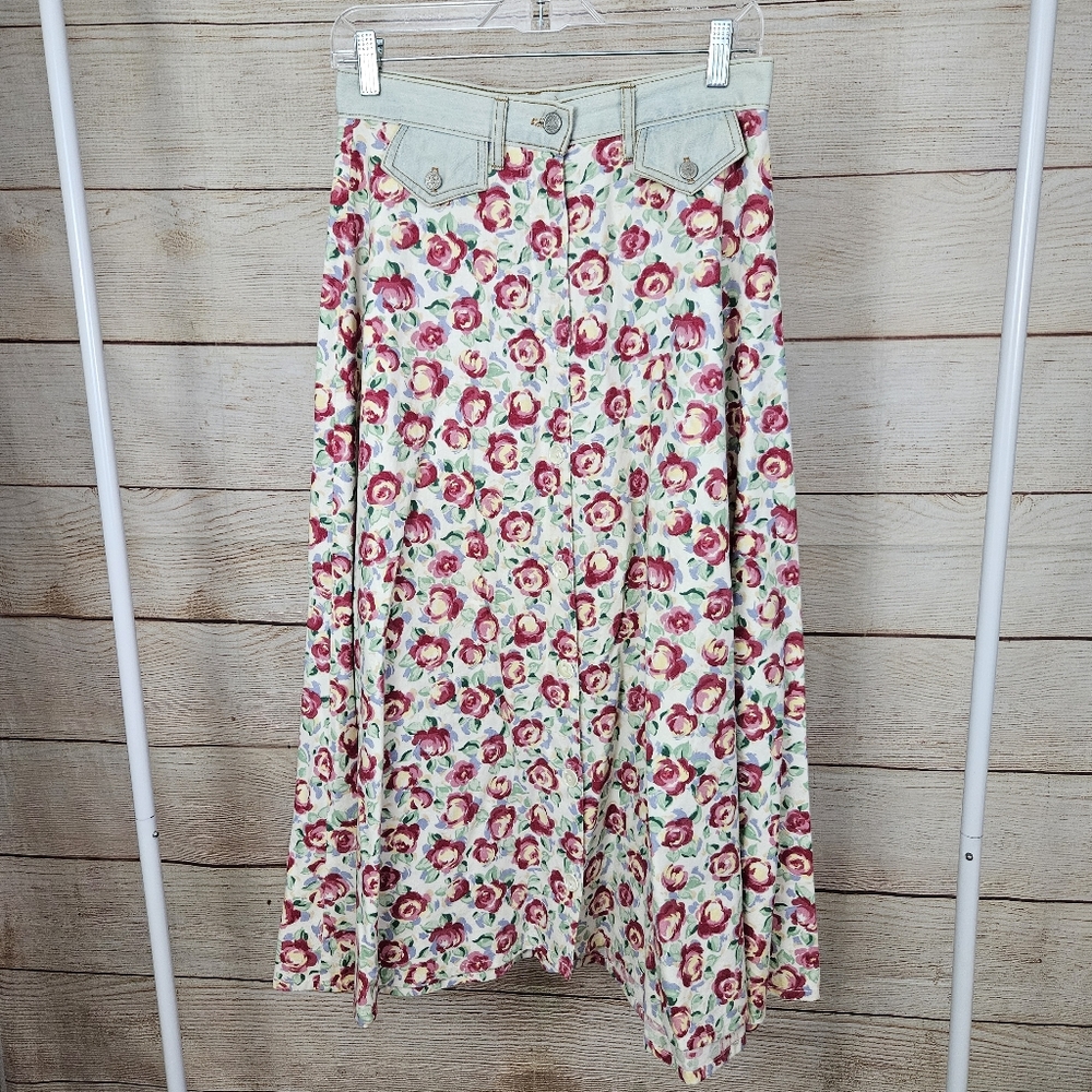 Match Jeanswear Denim Floral 90s Western Cottage Core Vintage Midi Skirt 8
